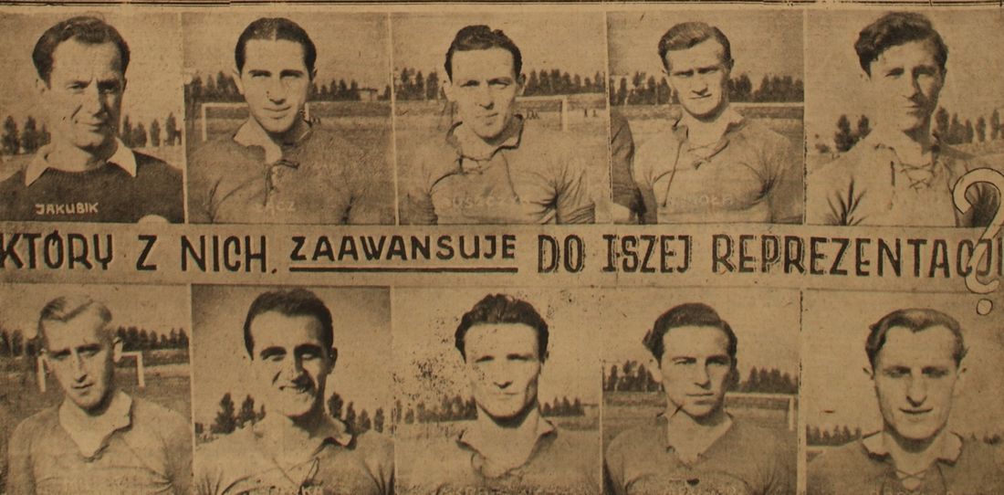 Plakat przedstawiający piłkarzy z meczu z Orlętami Kraków. U góry od lewej: Bronisław Jakóbik,, Marian Łącz, Czesław Suszczyk, Teodor Anioła, Edward Pytlik, Edward Miller, Mieczysław Tarka, Jerzy Krasówka, Robert Gruner (Gronowski) i Henryk Bartyla 